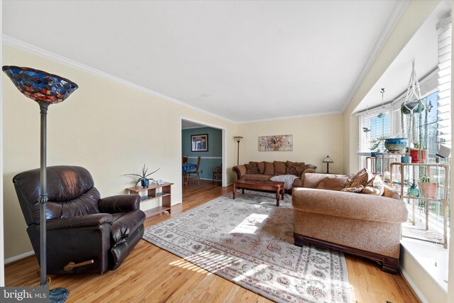 living area with crown molding, wood finished floors, and baseboards