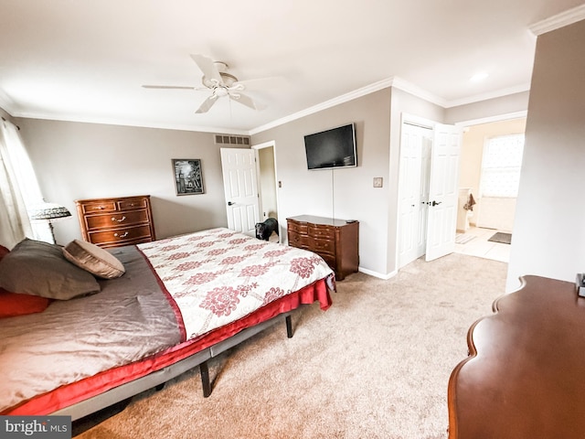 bedroom featuring carpet, baseboards, a closet, and ornamental molding