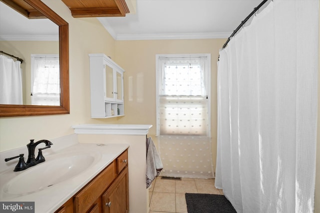 full bathroom featuring tile patterned flooring, vanity, a healthy amount of sunlight, and ornamental molding