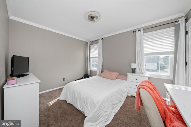 carpeted bedroom with baseboards and ornamental molding