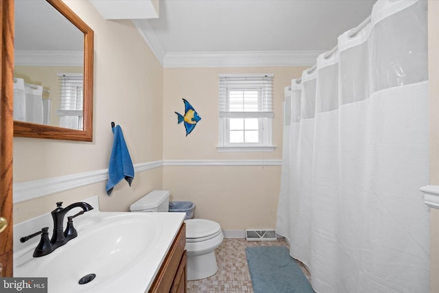 full bath featuring visible vents, vanity, toilet, and crown molding