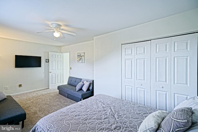 bedroom featuring a closet, ceiling fan, baseboards, and carpet floors