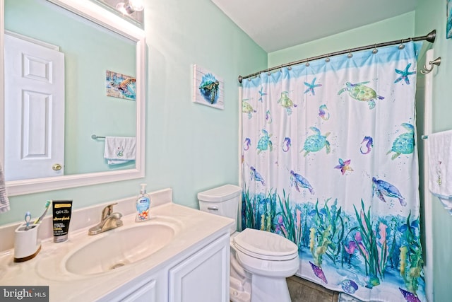 full bathroom featuring a shower with shower curtain, toilet, and vanity