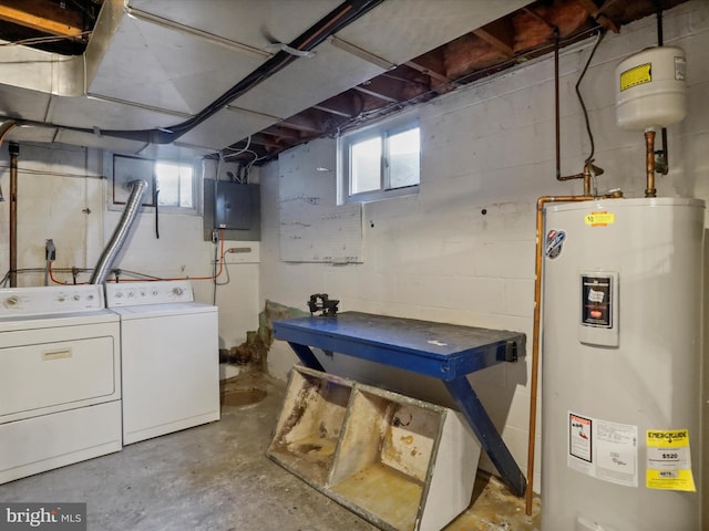 basement with electric panel, electric water heater, and separate washer and dryer