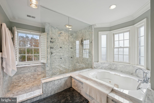 bathroom featuring a marble finish shower, a jetted tub, ornamental molding, and visible vents