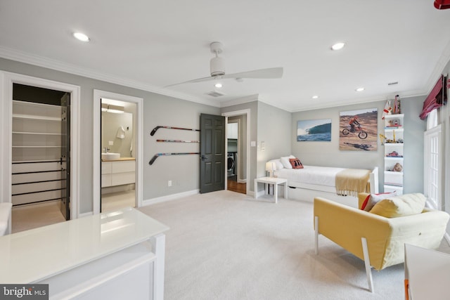 interior space with light carpet, recessed lighting, and ornamental molding