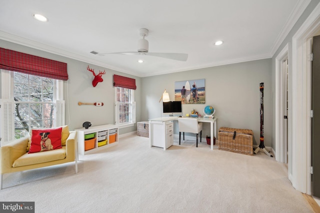 office space with visible vents, recessed lighting, ceiling fan, ornamental molding, and light colored carpet