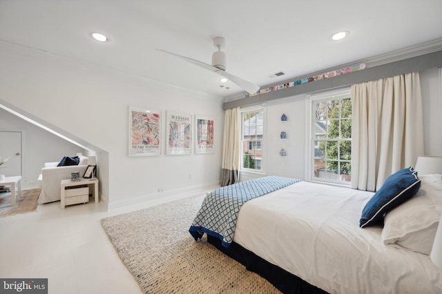 bedroom with visible vents, crown molding, baseboards, ceiling fan, and recessed lighting