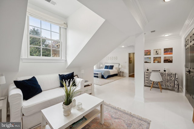 living area with recessed lighting, visible vents, and ornamental molding