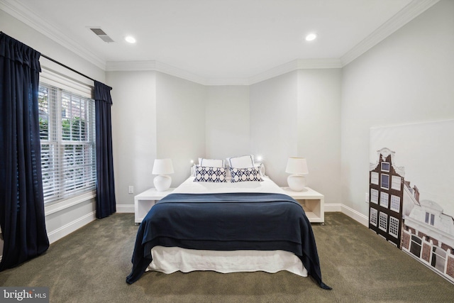 carpeted bedroom with visible vents, recessed lighting, baseboards, and ornamental molding