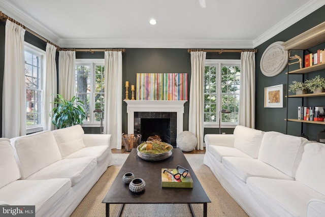 living area featuring plenty of natural light, a tile fireplace, and ornamental molding