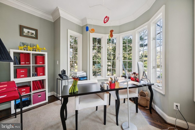 office area with crown molding, baseboards, and wood finished floors