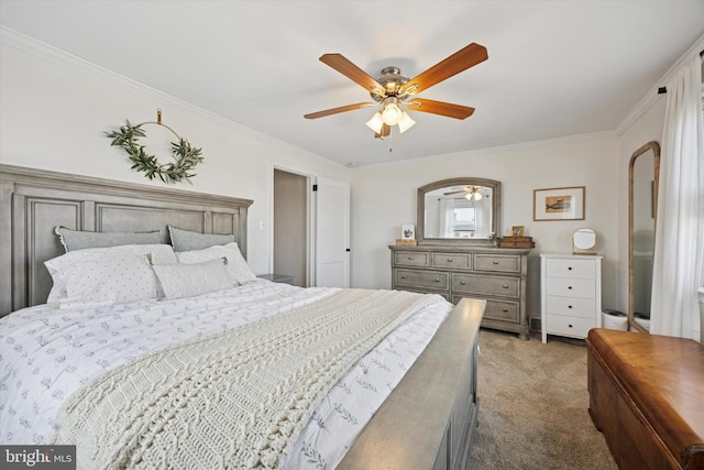 bedroom with light carpet, crown molding, and a ceiling fan