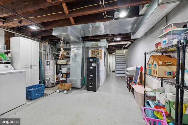 unfinished below grade area with gas water heater, visible vents, washer / clothes dryer, and stairs