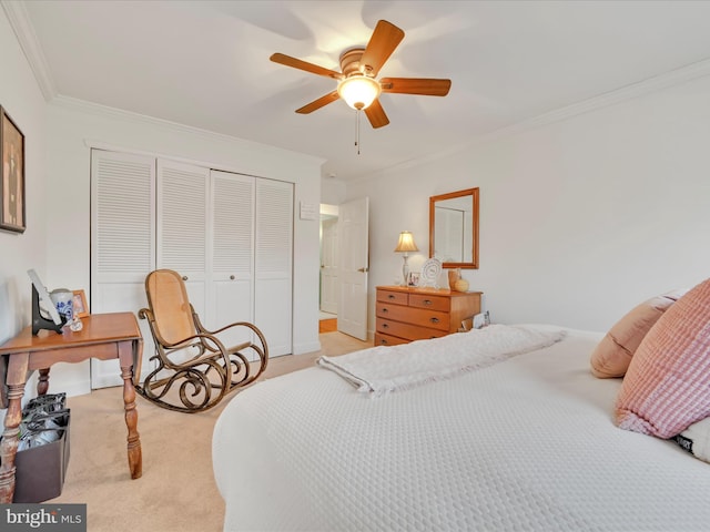 carpeted bedroom featuring ceiling fan, a closet, and ornamental molding