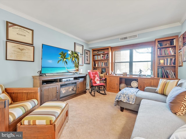 living area with visible vents, light carpet, and ornamental molding