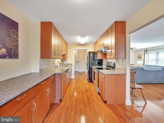 kitchen with a sink, decorative backsplash, light wood-style floors, under cabinet range hood, and appliances with stainless steel finishes