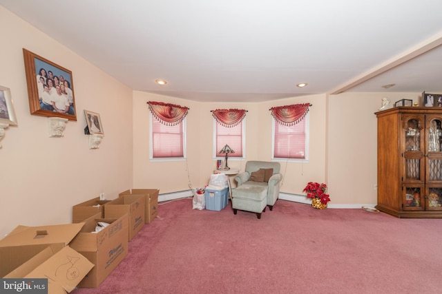 sitting room with a baseboard heating unit, carpet flooring, and recessed lighting