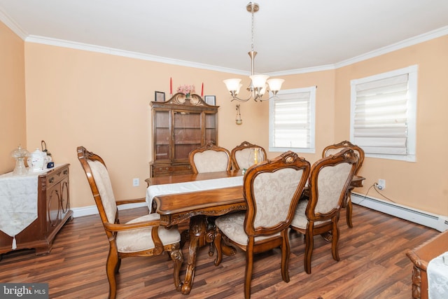 dining room with baseboard heating, an inviting chandelier, dark wood-style floors, and crown molding