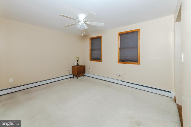 empty room featuring baseboard heating, concrete floors, and a ceiling fan