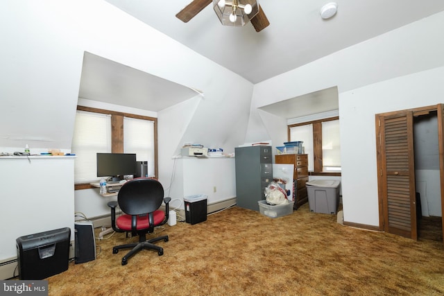 office featuring lofted ceiling, baseboard heating, carpet floors, and ceiling fan