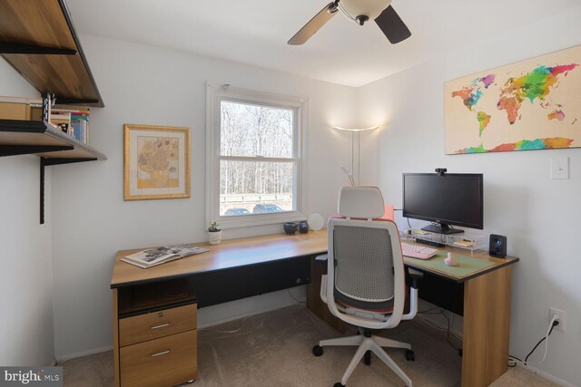 office area featuring carpet flooring and a ceiling fan