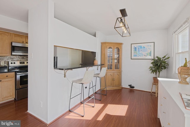 kitchen featuring decorative backsplash, dark wood-style floors, baseboards, and appliances with stainless steel finishes