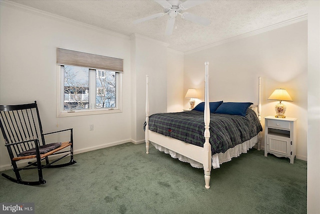 bedroom featuring baseboards, a textured ceiling, ornamental molding, and carpet flooring