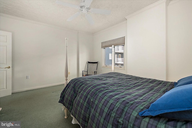 carpeted bedroom featuring a textured ceiling, a ceiling fan, baseboards, and ornamental molding