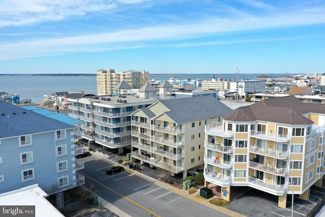 drone / aerial view featuring a water view