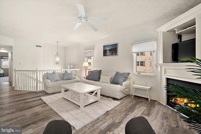 living area with a glass covered fireplace, wood finished floors, a wealth of natural light, and a textured ceiling