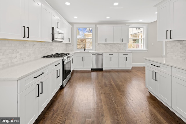 kitchen with white cabinetry, dark wood-style flooring, appliances with stainless steel finishes, and a sink