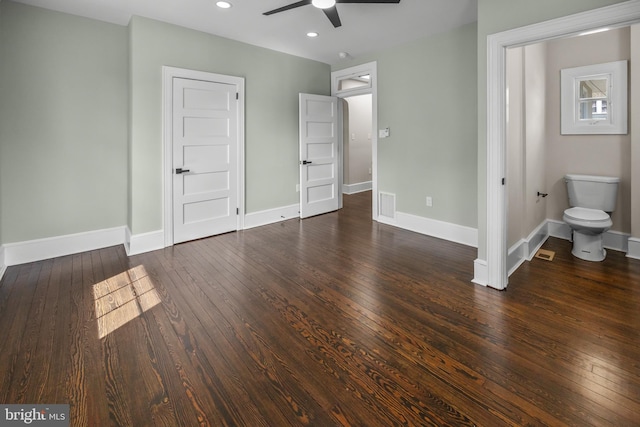 unfurnished bedroom featuring visible vents, hardwood / wood-style flooring, recessed lighting, baseboards, and ceiling fan