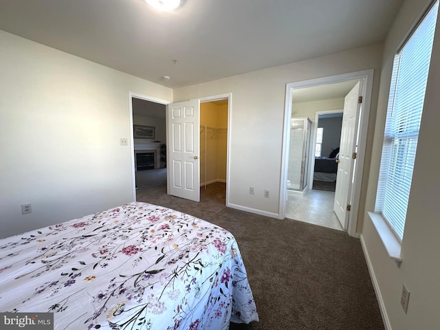 carpeted bedroom with a closet, a fireplace, a walk in closet, and baseboards