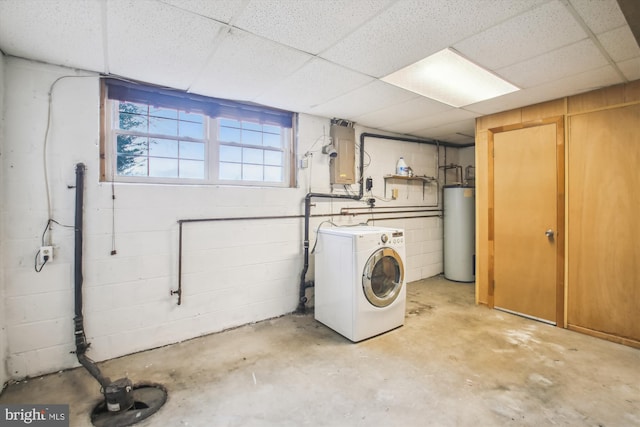 laundry room with washer / dryer, concrete block wall, gas water heater, and laundry area