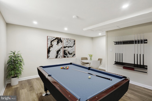 rec room with billiards, wood finished floors, and baseboards