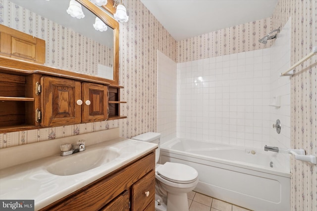 full bath with tile patterned floors, toilet, shower / washtub combination, and wallpapered walls