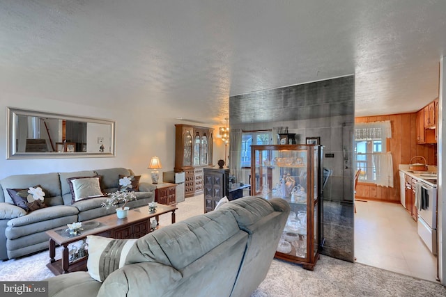 living room featuring wood walls and a textured ceiling