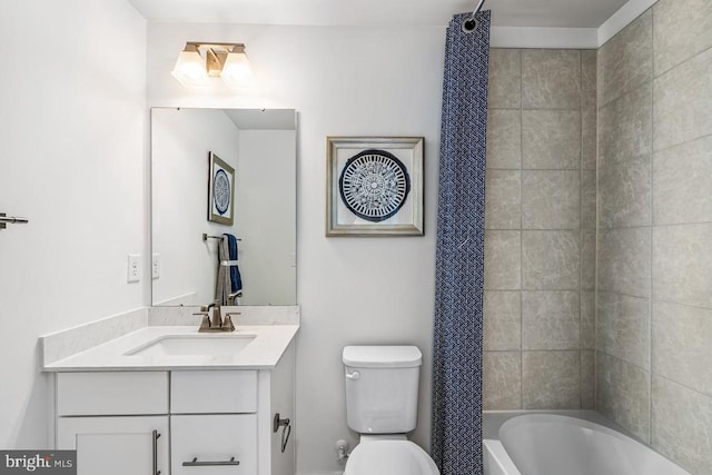 bathroom featuring toilet, vanity, and shower / bathtub combination with curtain