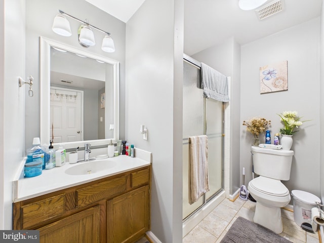 bathroom with visible vents, vanity, a shower stall, and toilet