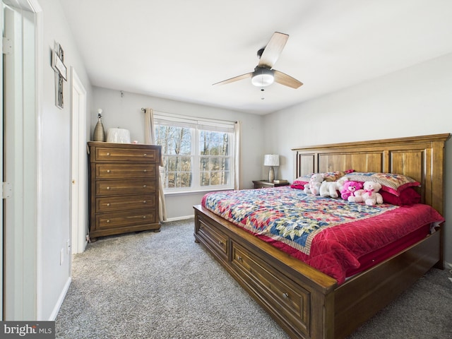 bedroom with baseboards, light colored carpet, and ceiling fan