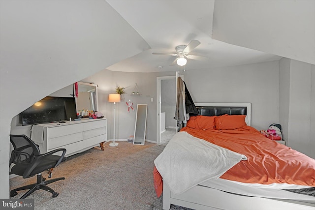 carpeted bedroom with baseboards and ceiling fan