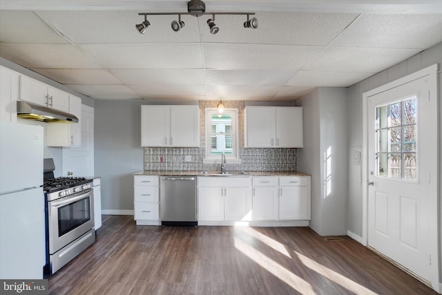 kitchen with a sink, under cabinet range hood, stainless steel appliances, a paneled ceiling, and dark wood-style flooring