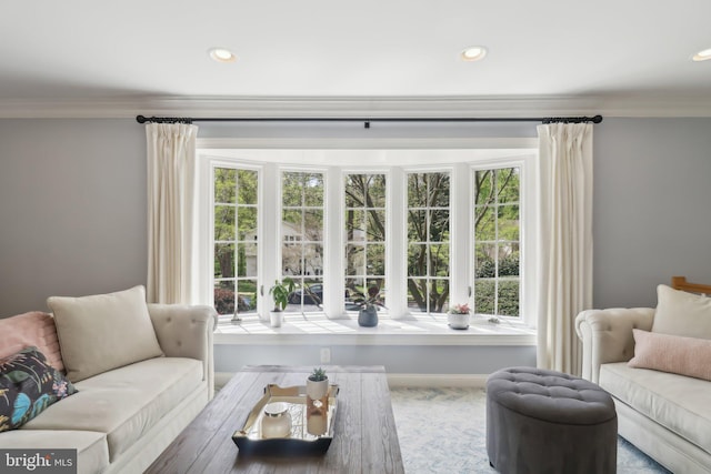 living room featuring recessed lighting and crown molding