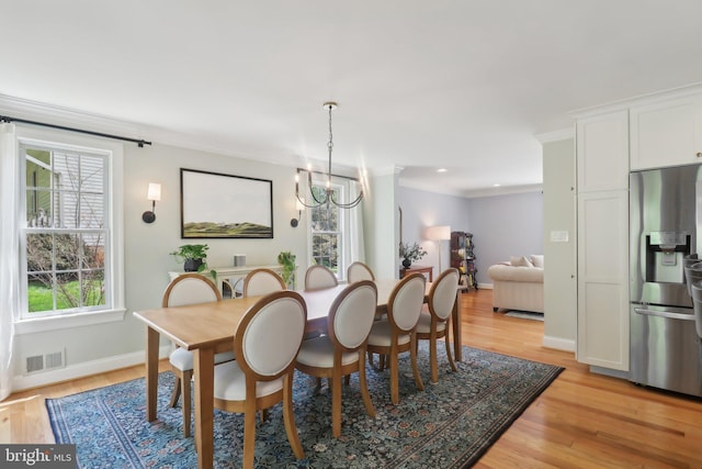 dining space featuring light wood-type flooring, baseboards, and visible vents