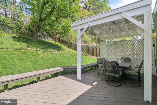 wooden terrace with a pergola, a lawn, outdoor dining area, and fence