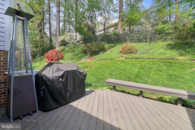 wooden deck with grilling area and a yard