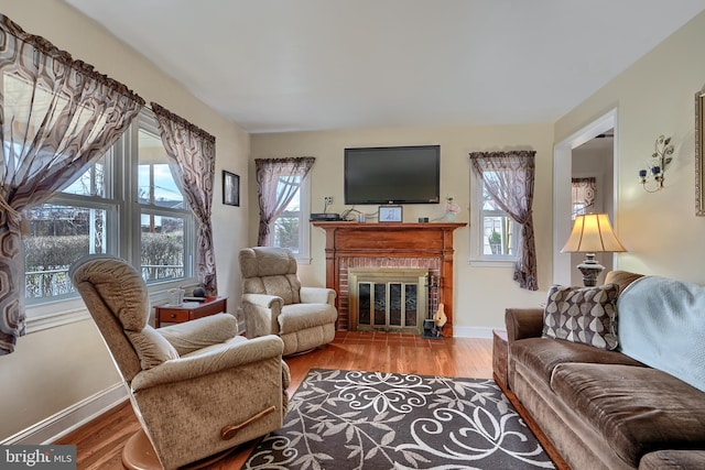 living area featuring wood finished floors, baseboards, and a wealth of natural light