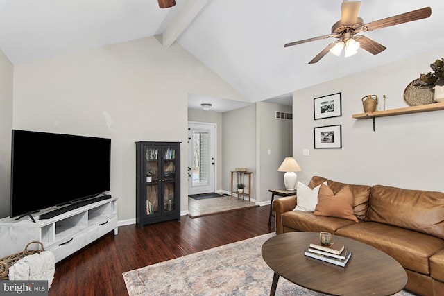 living area featuring visible vents, baseboards, lofted ceiling with beams, wood finished floors, and a ceiling fan