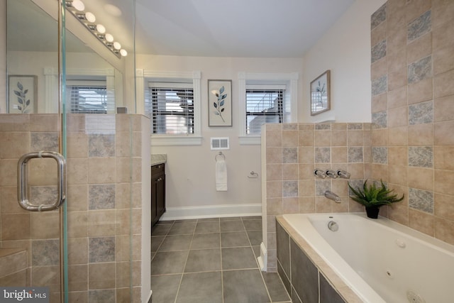 full bathroom with vanity, baseboards, a tile shower, tile patterned flooring, and a jetted tub